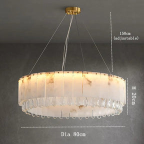The Modern Crystal and Spanish Marble Chandelier from Morsale.com is a modern crystal chandelier with a circular two-tier design, featuring white translucent rectangular panels with marbling and crystal accents hanging from the lower tier. Suspended by adjustable wires from a gold ceiling mount, this elegant home decor piece measures 80 cm in diameter and 20 cm in height, with adjustable suspension up to 150 cm.