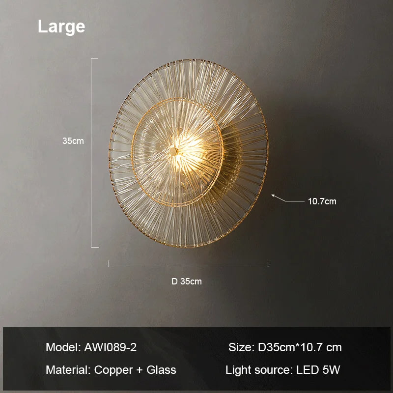 A large decorative light fixture with a circular design, handmade from copper and glass. It measures 35 cm in diameter and 10.7 cm in height. The fixture uses a 5W LED light source. Model number AW1089-2 is displayed at the bottom of the image. Perfect for adding elegance to any space, the Modern Glass Wall Sconce by Morsale.com complements your wall sconces beautifully.