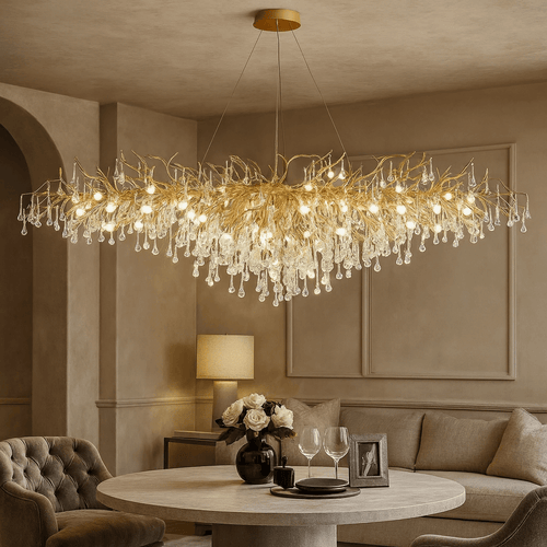 The 62" Albero Dining Room Crystal Chandelier by Morsale.com adds luxury above a round dining table for two in an elegant, neutral-toned living room—an exquisite choice for sophisticated dining room lighting.