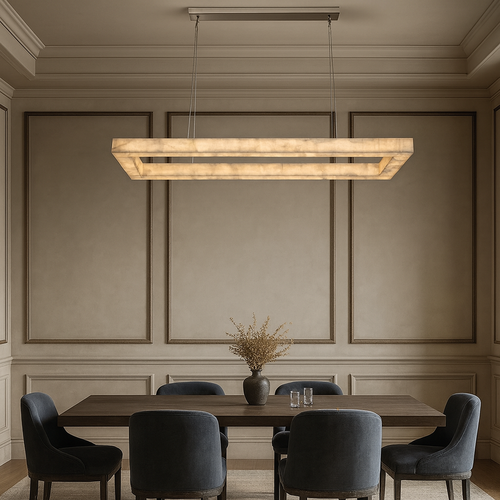 Modern dining room with a long rectangular pendant light fixture.