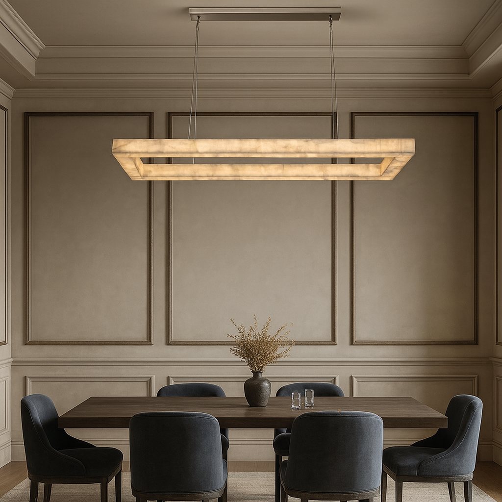 Modern dining room with a long rectangular pendant light fixture.