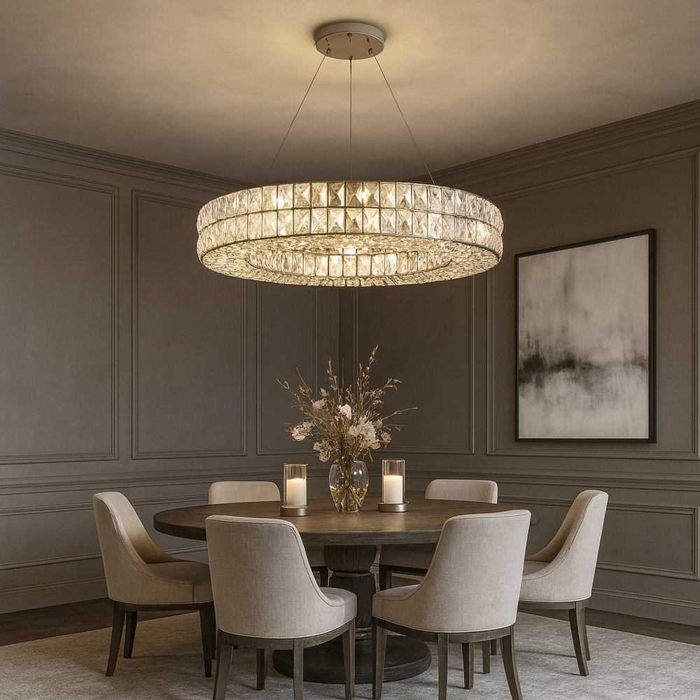 A modern dining room featuring a large round wooden table, six upholstered chairs, floral centerpiece, two candles, taupe paneled walls, abstract artwork, and the Bacci Crystal Wheel Chandelier by Morsale.com overhead.