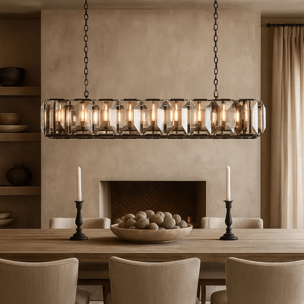 A modern dining room showcases the Brookhill Crystal Rectangular Chandelier by Morsale.com, a wooden table for eight, two candlesticks, decorative spheres in a bowl, beige walls, and a fireplace with built-in shelves.