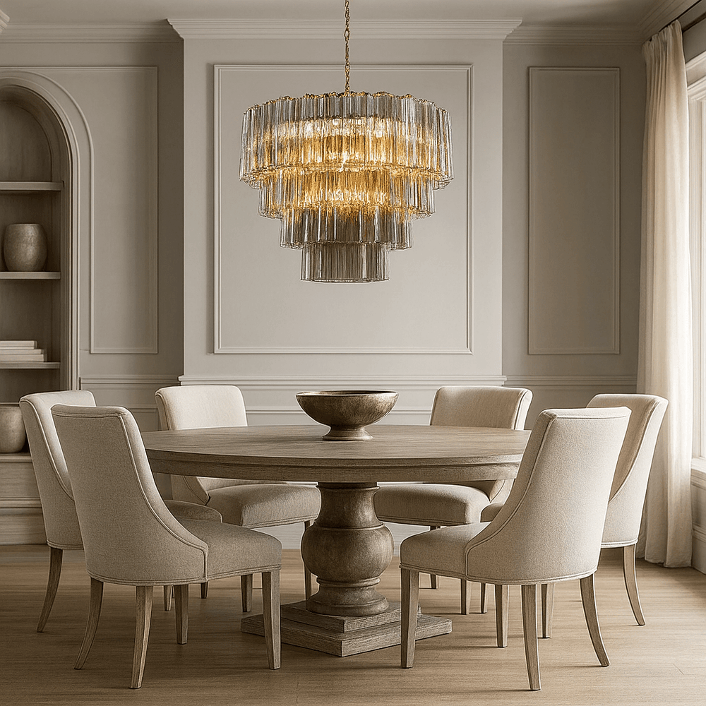 A round wooden dining table with six upholstered chairs sits beneath the Morsale Burney Modern Chandelier 29" in a stylish, neutral dining room with paneled walls and ample natural light from a large window.