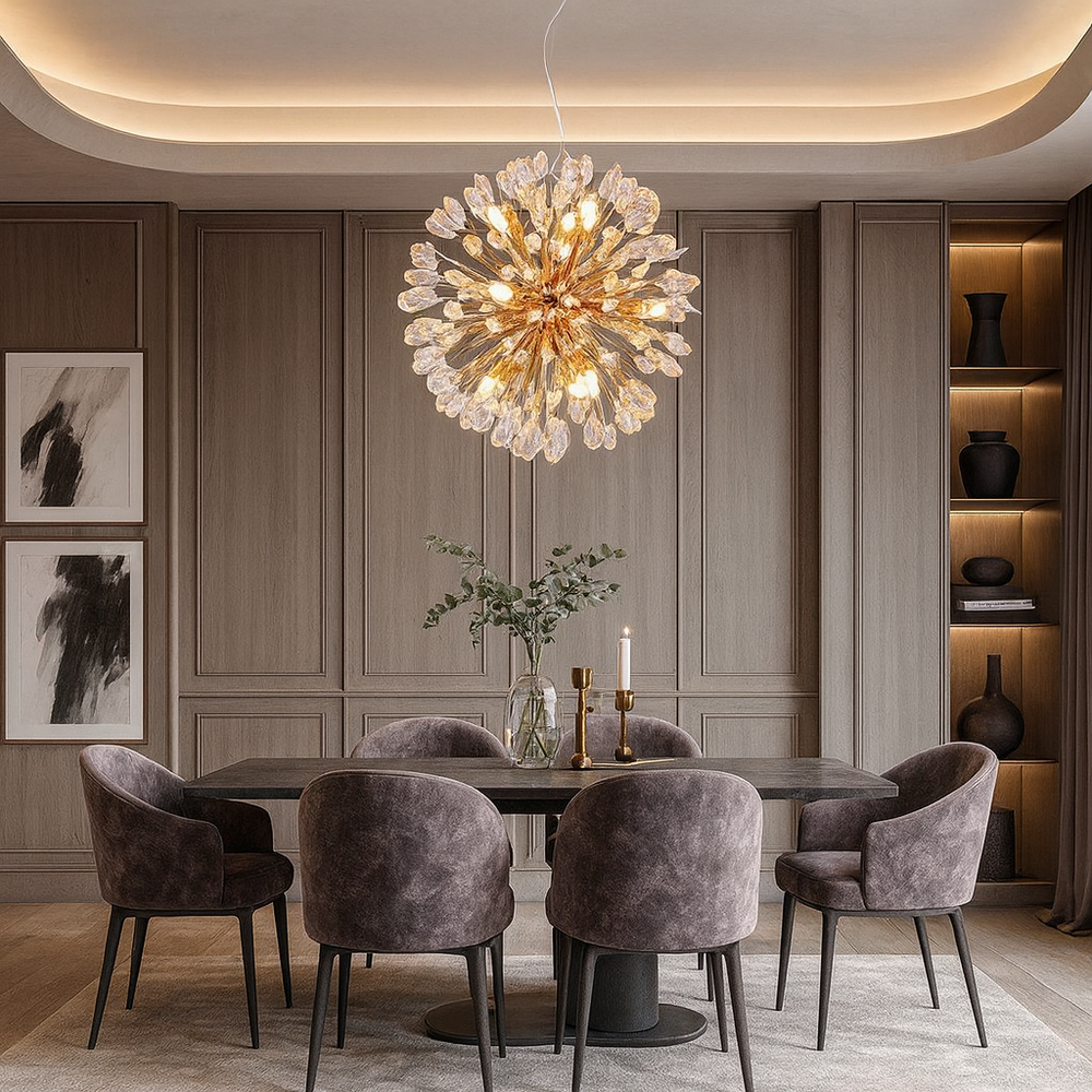 A modern dining room featuring a round black table, six velvet chairs, wall paneling, built-in shelves with vases, abstract art, a vase with greenery centerpiece, and the Vanci Crystal Globe Chandelier by Morsale.com as an elegant lighting fixture.