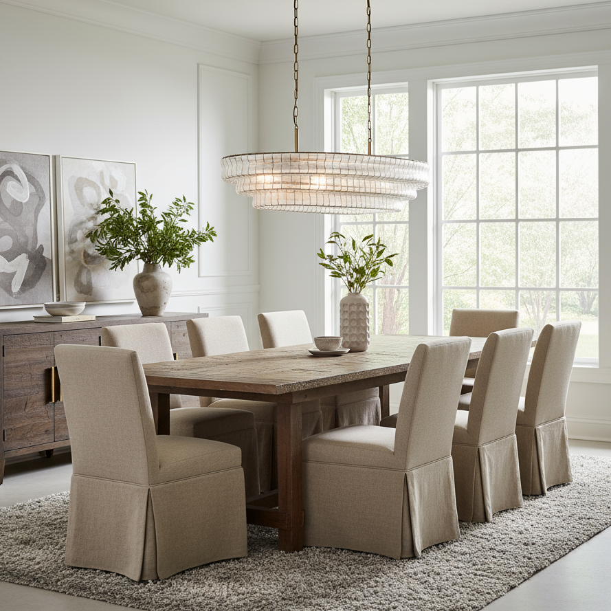 A bright dining room features a wooden table, eight beige upholstered chairs, a Morsale Riviera Vintage Dining Room Chandelier, a light rug, sideboard with abstract art, vases of greenery, and large windows filling the space with natural light.