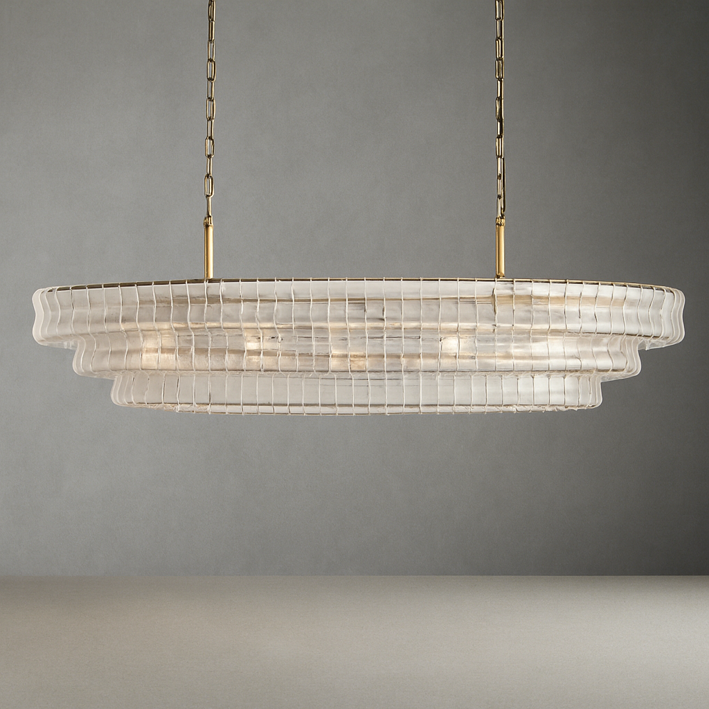 The Riviera Vintage Crystal Dining Room Chandelier by Morsale features a modern design with layered clear panels, suspended from two brass chains. Its warm and glowing light exudes sophistication and contemporary elegance, making it the perfect addition to enhance any dining room setting.
