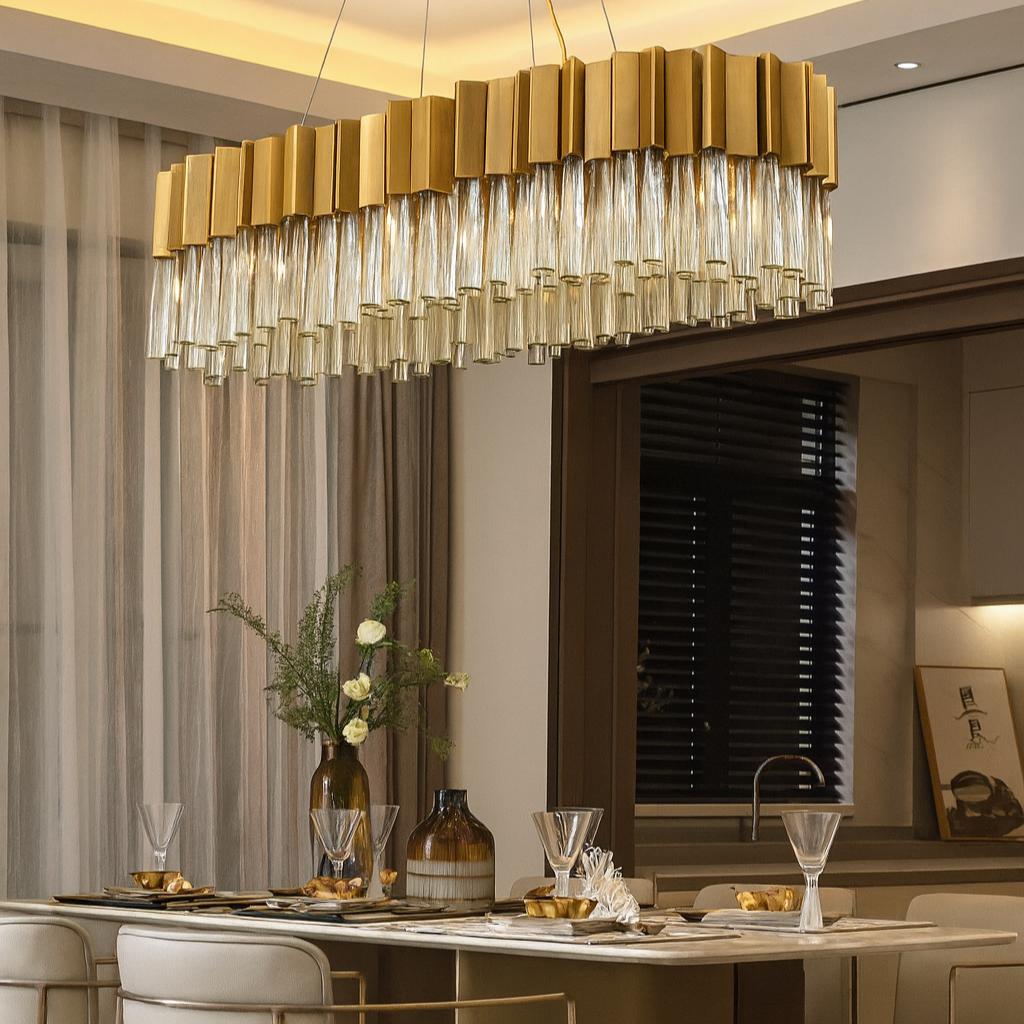 Modern dining room with a gold chandelier, table setting, and decor.