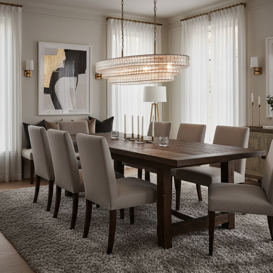 
                  
                    Dining room with wooden table and beige chairs, large chandelier, and abstract art on walls.
                  
                