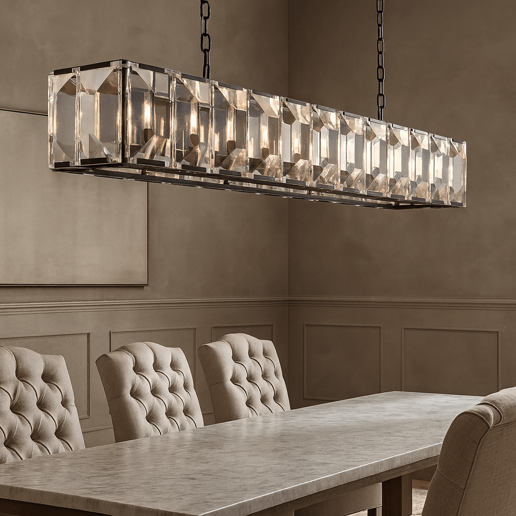A modern dining room showcases the Brookhill Crystal Rectangular Chandelier by Morsale.com above a long marble table, framed by tufted beige chairs and taupe paneled walls.