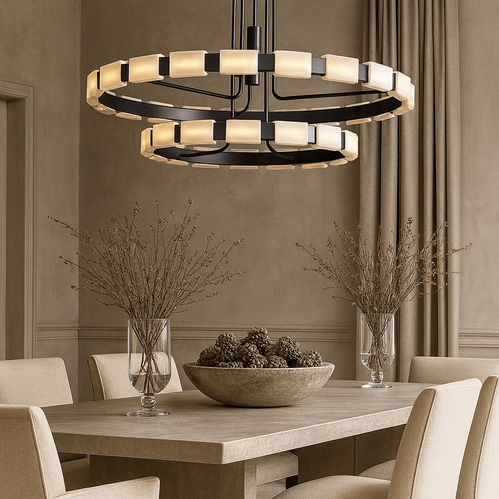 A modern dining room with a wooden table, beige upholstered chairs, two vases of dried branches, a bowl of pine cones, and the Aveline Modern Chandelier by Morsale.com casting a warm glow overhead.