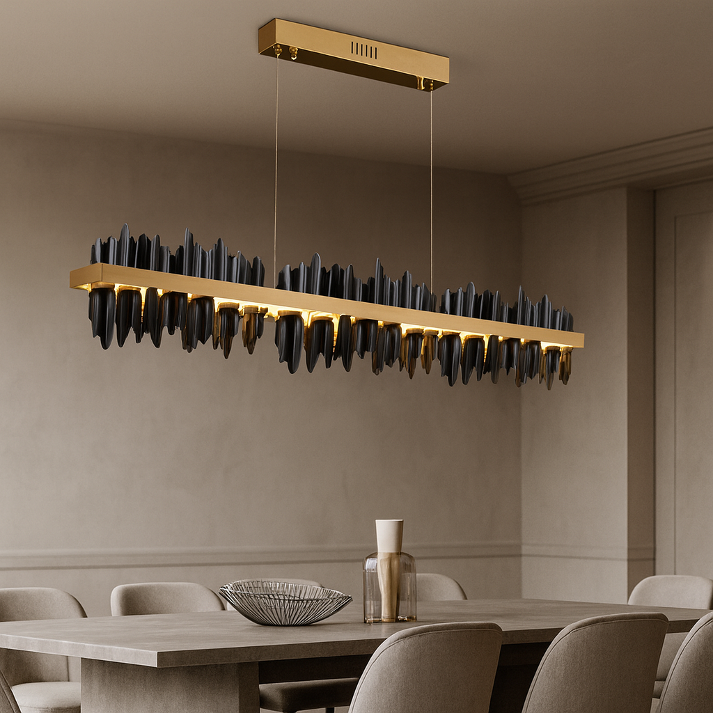 A modern dining room featuring the Nera Dining Room Chandelier from Morsale.com, with gold accents and vertical black crystal-like elements, hanging above a light dining table surrounded by upholstered chairs.