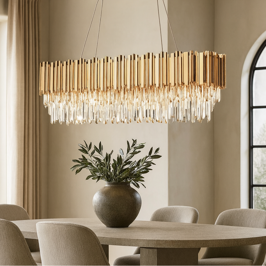 
                  
                    The Gio Crystal Dining Room Chandelier by Morsale.com hangs above a modern light wood dining table with a round vase of green branches, beige chairs, tall curtains, and an arched window in a softly lit room.
                  
                