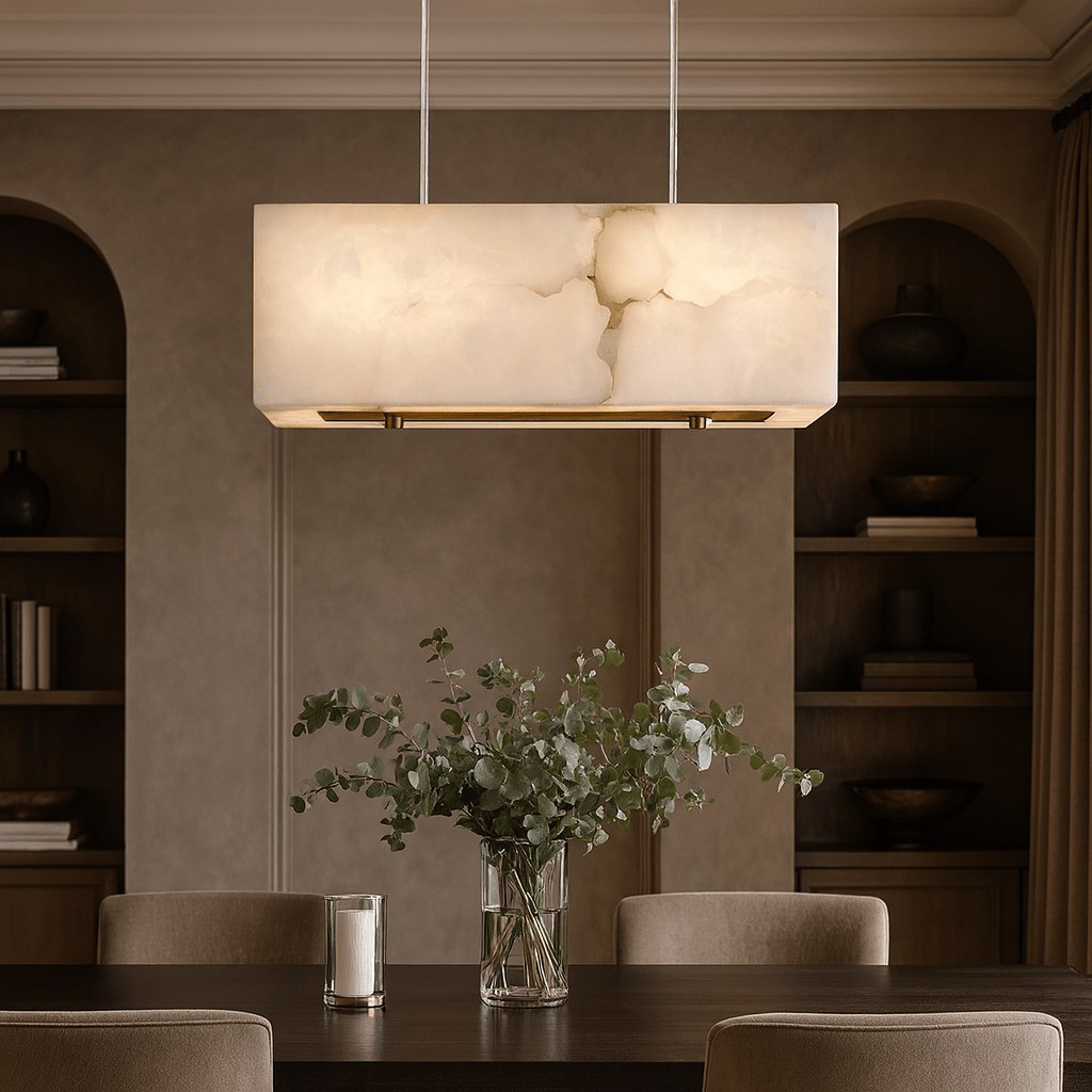 A modern dining room features the Shopp578 Leroy Marble Chandelier, a rectangular natural marble lighting pendant, above a dark wood table with beige chairs, a glass vase of eucalyptus branches, and built-in shelves in the background.