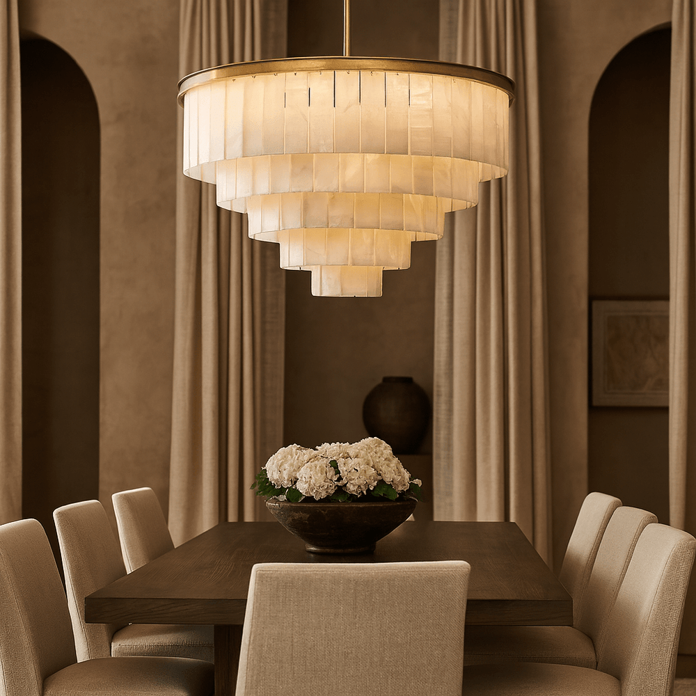 
                  
                    A modern dining room features Morsale.com's Berkley Marble Chandelier above a dark wood table with cream chairs and a bowl of white flowers. Beige curtains and arched niches complete the scene.
                  
                