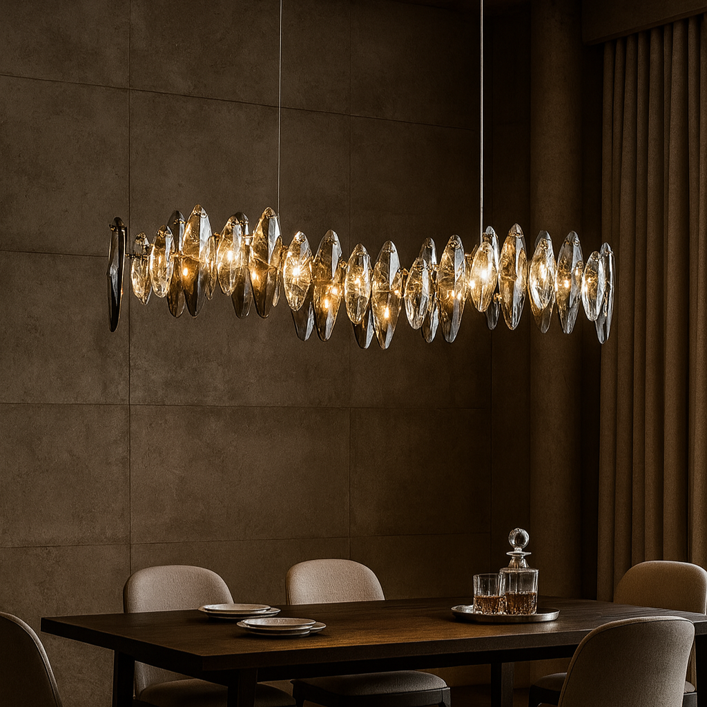 Dining room with a modern chandelier, wooden table, and chairs.