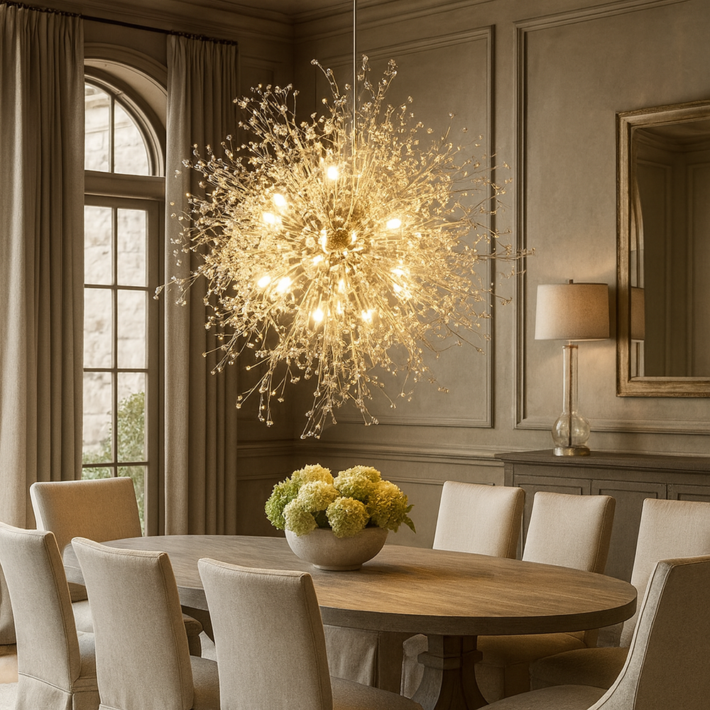 Elegant dining room with a large round wooden table, beige upholstered chairs, and the Astra 35" Spark Ball Chandelier by Morsale.com featuring acrylic beads in a starburst design. A bowl of green hydrangeas sits on the table as natural light fills the space.