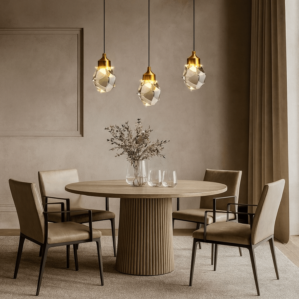 A modern dining room features a round wooden table, four beige upholstered chairs, a vase with dried flowers, and the Morsale Valenza Grand Crystal Pendant lighting hanging above beige walls with floor-length curtains.