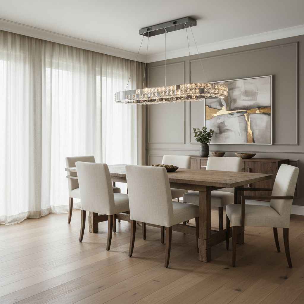 A modern dining room with a wooden table, six upholstered chairs, the Langley Dining Room Chandelier by Morsale.com, light hardwood floors, sheer curtains, a sideboard, a plant, and abstract wall art.