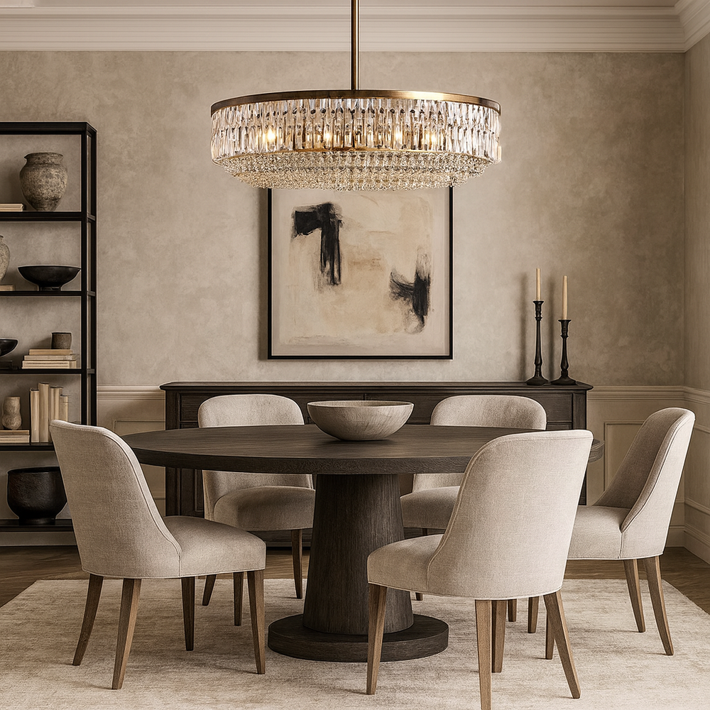 
                  
                    A modern dining room features a round wooden table, five beige chairs, neutral art, a dark sideboard, candles, pottery on shelves, and is illuminated by the Bacci Crystal Round Chandelier from Morsale.com over a light rug.
                  
                