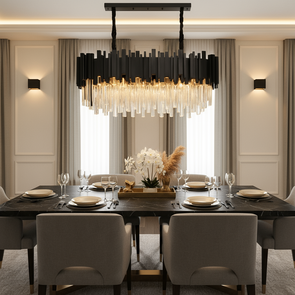 Modern chandelier with black metal frame and glass elements on a neutral background