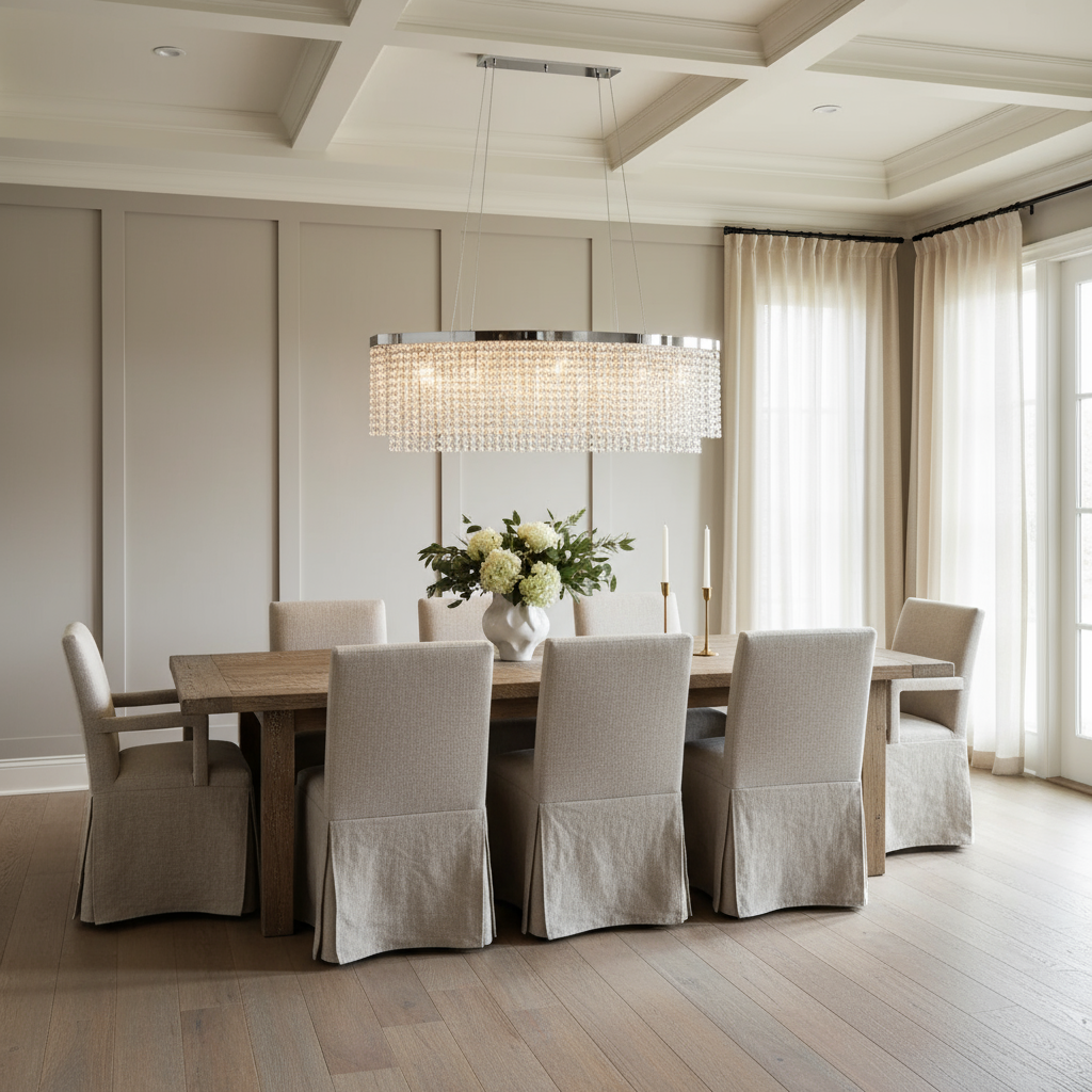 A modern dining room features a large wooden table, eight beige upholstered chairs, floral centerpiece, tall candles, light wood floors, sheer floor-to-ceiling curtains, and the Alleri Crystal Dining Room Chandelier by Morsale.com.
