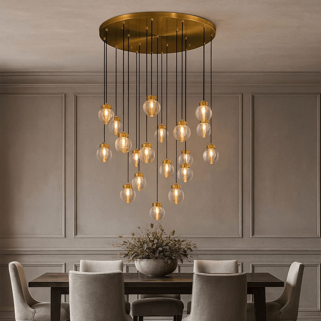 A modern dining room featuring a dark wooden table, four upholstered chairs, a bowl of greenery, and the Morsale Bossen 19-Globe Modern Chandelier as a statement piece against light gray paneled walls.
