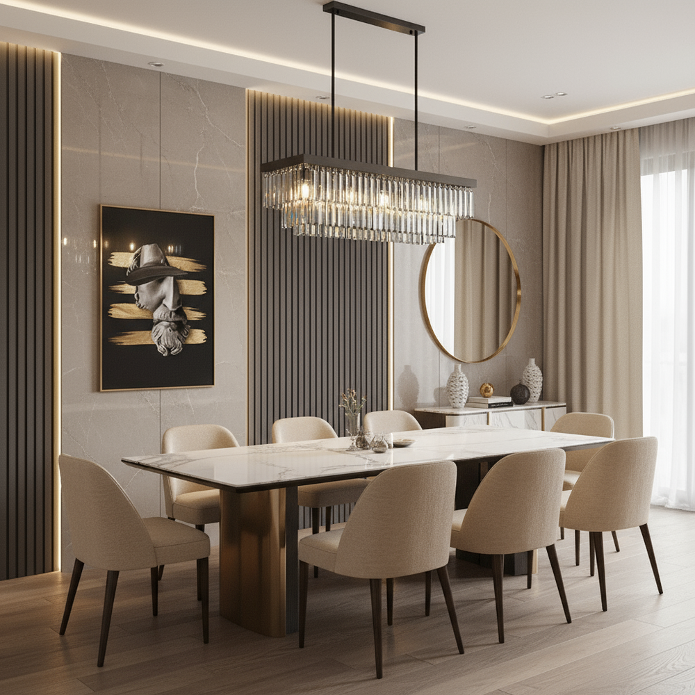 
                  
                    A modern dining room showcases a marble table, eight beige chairs, wall art, a round mirror, and a sideboard with decor. The Meridien Crystal Dining Chandelier by Morsale.com adds elegance as sunlight streams through large sheer curtains.
                  
                