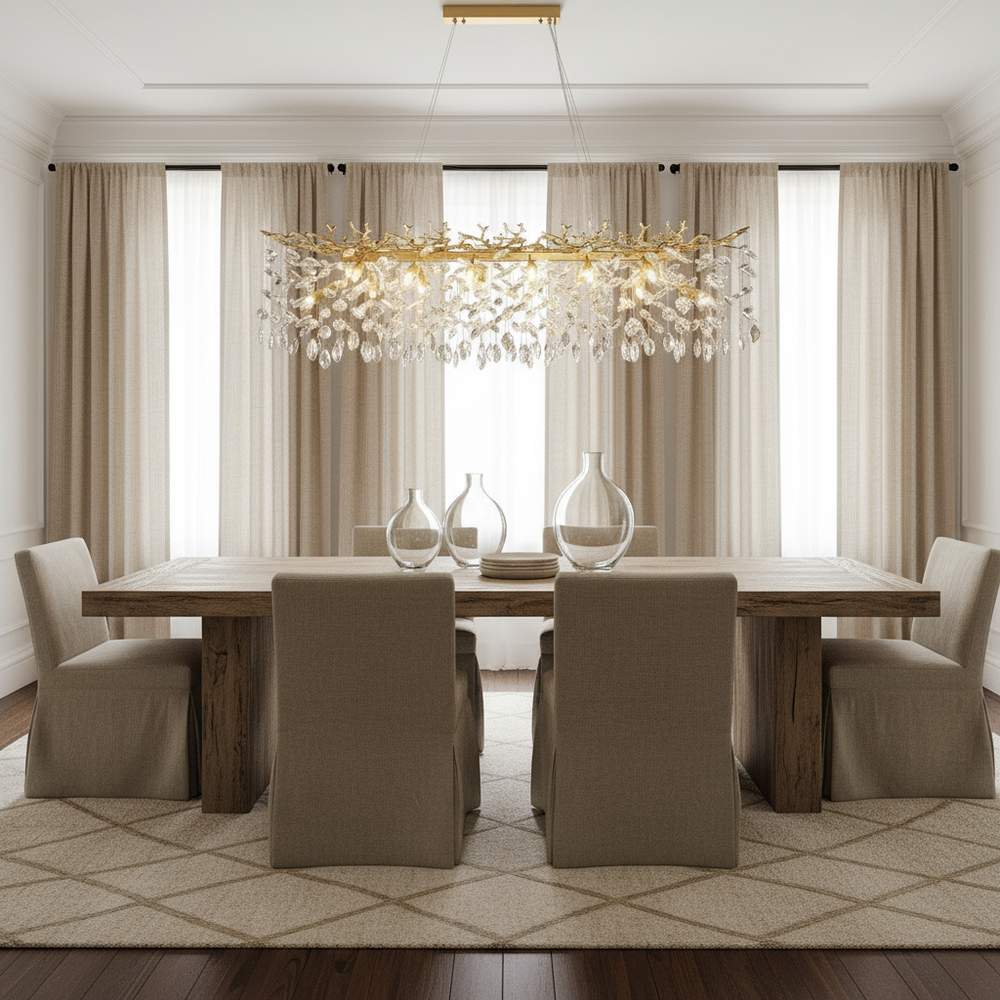 A modern dining room features a wooden table, six beige upholstered chairs, three glass vases, a geometric rug, and the Albero Modern Dining Room Chandelier by Morsale.com set against floor-to-ceiling cream curtains.
