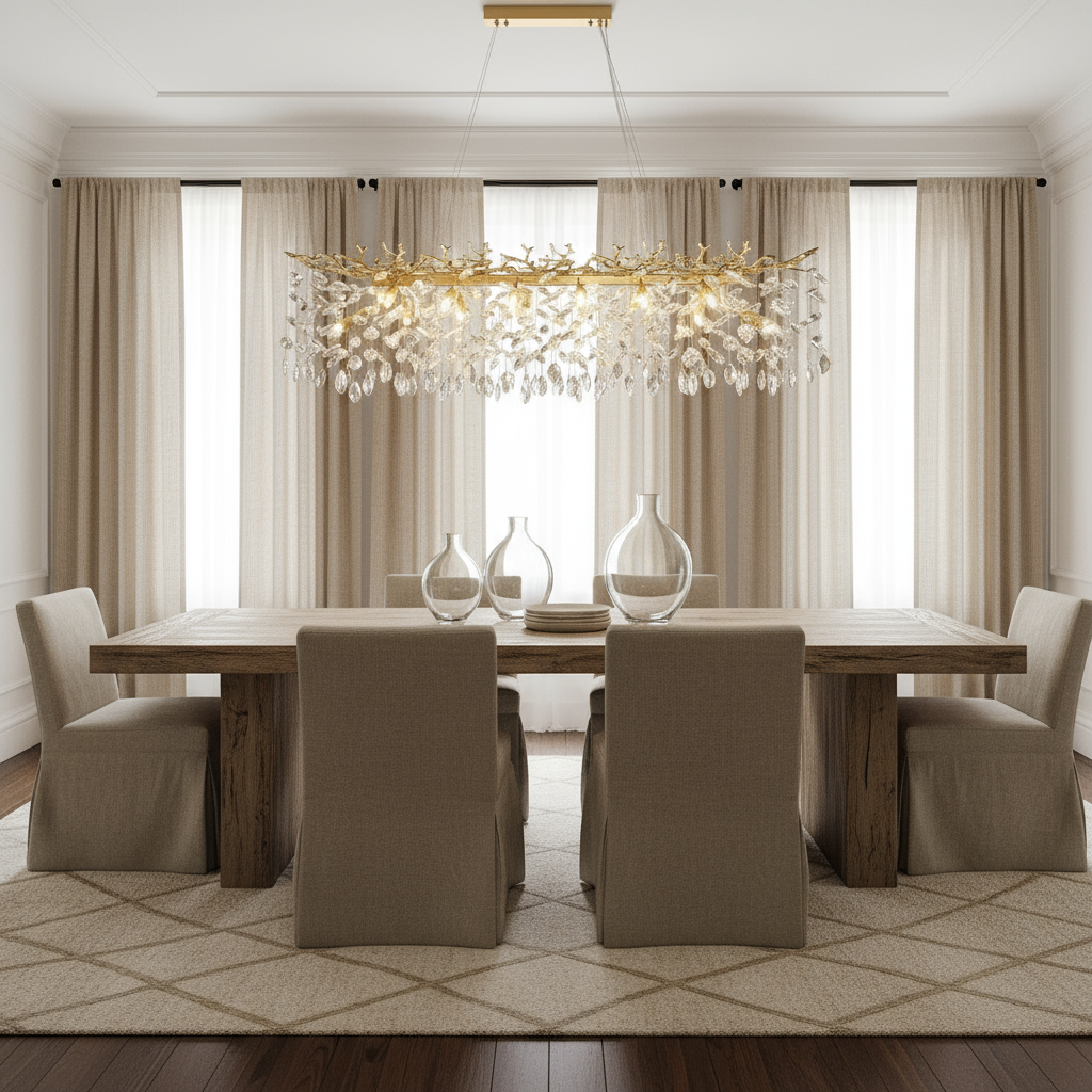 A modern dining room features a wooden table, six beige upholstered chairs, three glass vases, a geometric rug, and the Albero Modern Dining Room Chandelier by Morsale.com set against floor-to-ceiling cream curtains.