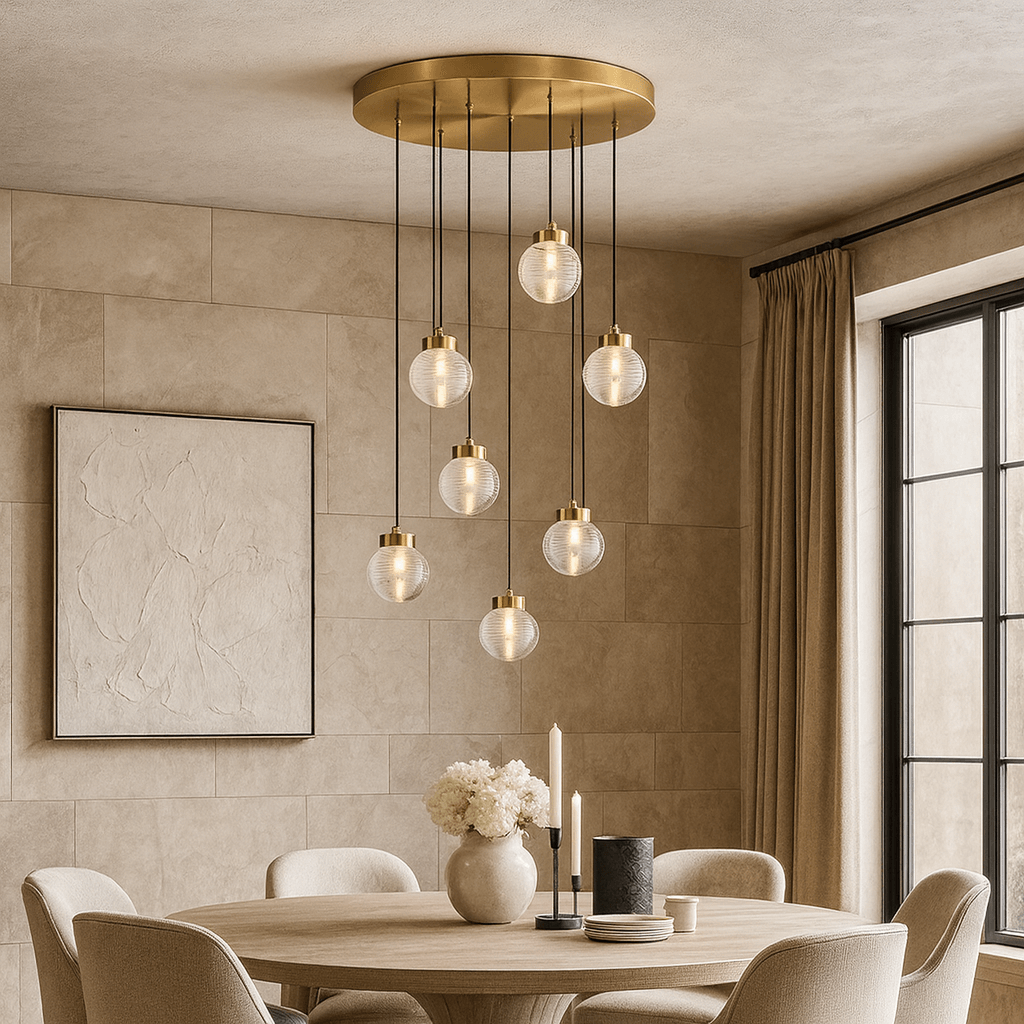 A modern dining room features a round wooden table, beige upholstered chairs, and the Morsale Bossen 7-Globe Chandelier. Neutral decor, abstract wall art, and a white-flower vase complete the stylish look.