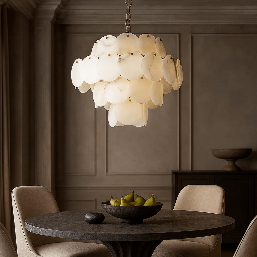 A modern dining room features a round dark table with green pears, light upholstered chairs, and a striking Bordwell Marble Chandelier 23" by Morsale.com. Elegant molding and muted tones complete the sophisticated space.