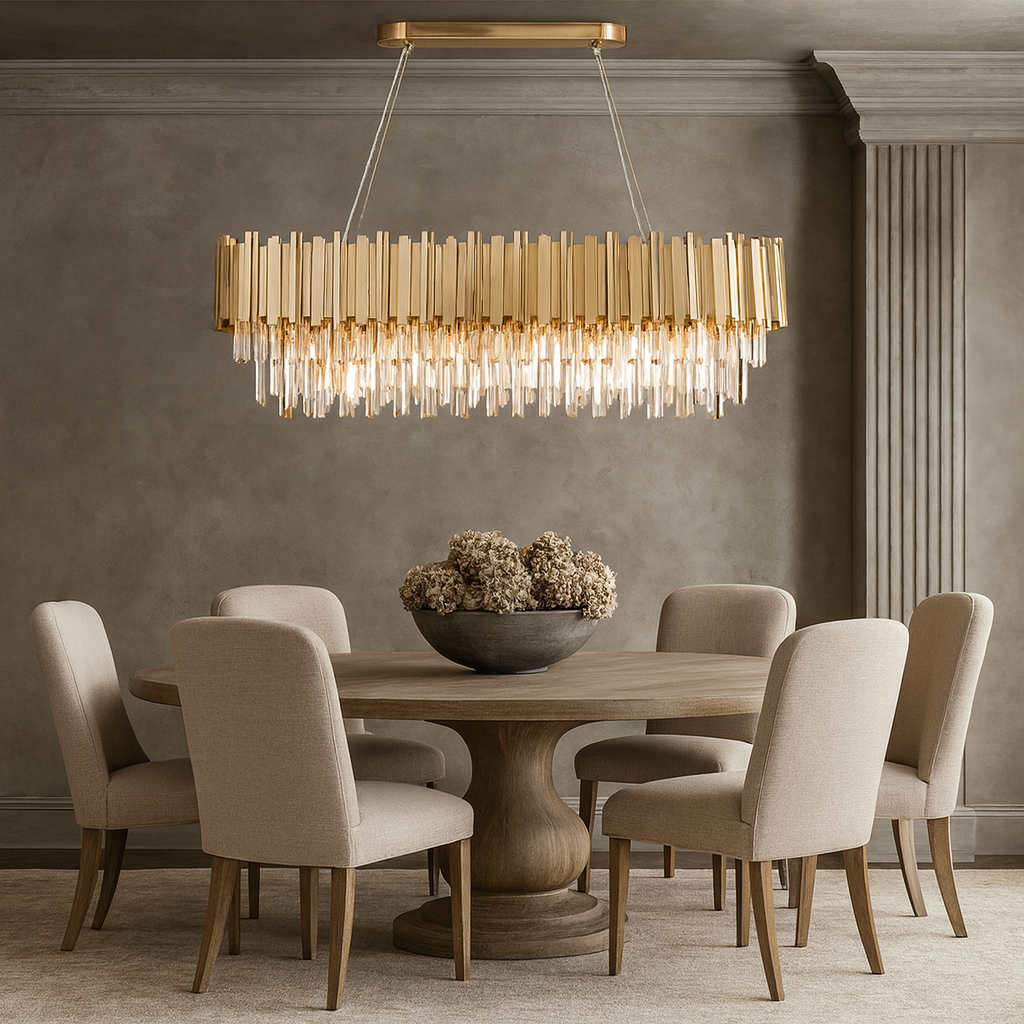 A modern dining room with a round wooden table, six beige upholstered chairs, a decorative bowl of dried flowers, and the Gio Crystal Dining Room Chandelier by Morsale.com hanging above.