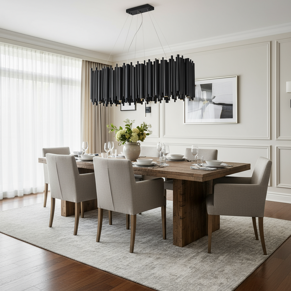 A modern dining room features a wooden table set for six with beige upholstered chairs. The Vigo Rectangle Chandelier from Morsale.com hangs above, illuminating the space adorned with sheer curtains, framed art, and a flower vase.