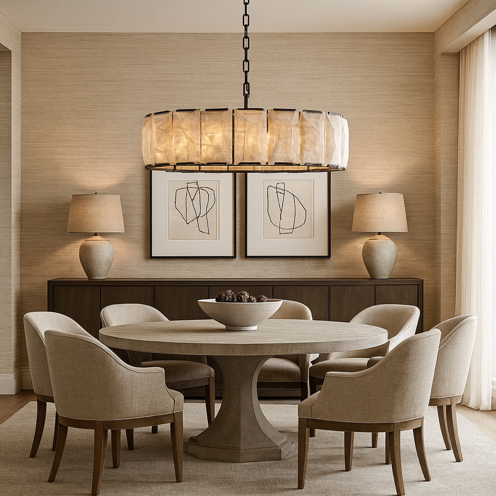 
                  
                    A modern dining room with a round wooden table, six beige upholstered chairs, abstract art, a dark sideboard with two matching lamps, a large bowl centerpiece, and the Brookhill Calcite Modern Chandelier by Morsale.com overhead in neutral tones.
                  
                