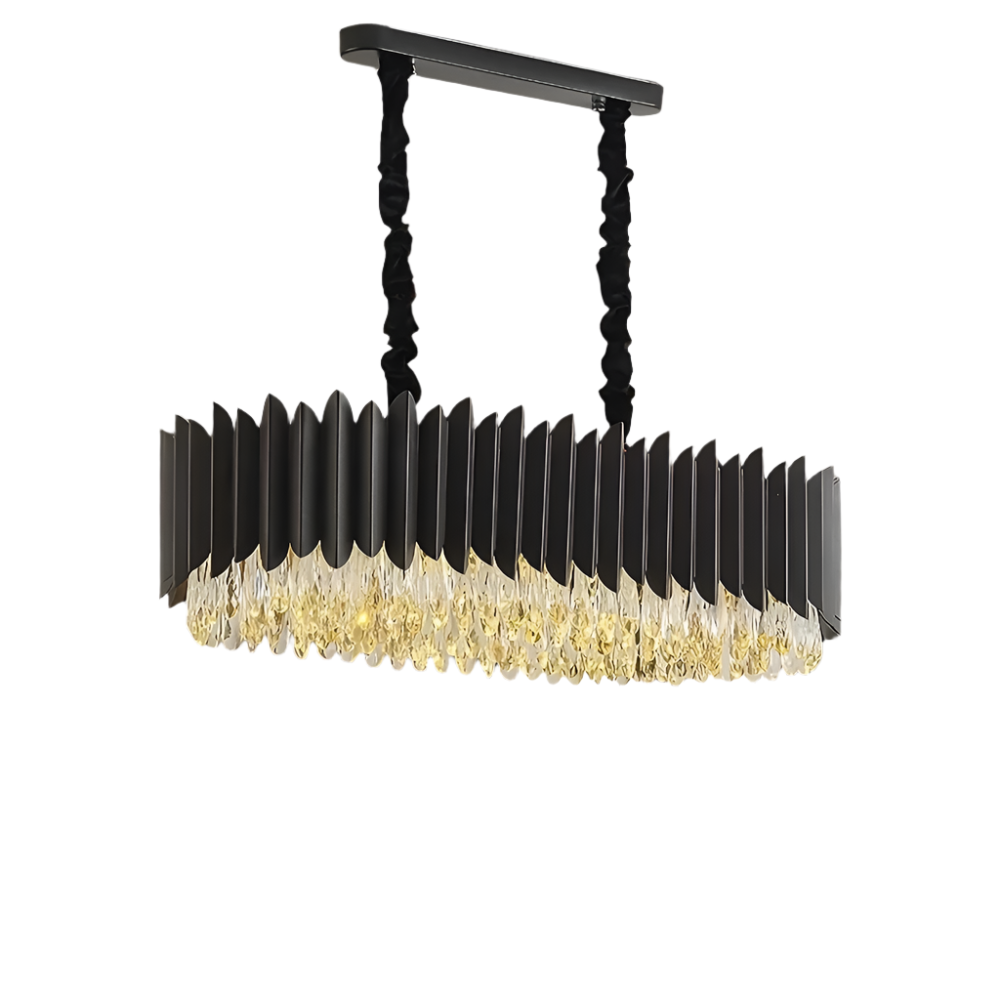 The Lugano Crystal Dining Room Chandelier by Morsale.com is a modern rectangular chandelier that features vertically arranged black metal slats with golden crystal-like elements peeking out from the bottom. This striking dining room fixture is suspended from a ceiling mount by two black cords.