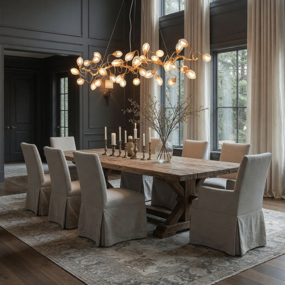 Dining room with wooden table, chairs, and a modern chandelier.