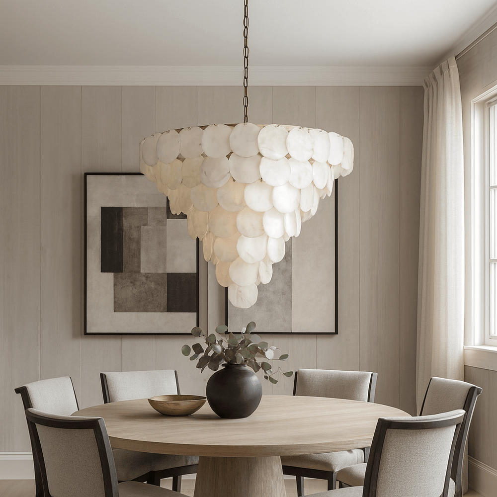 
                  
                    A round wooden dining table with five upholstered chairs sits beneath the Porto Marble Modern Chandelier by Morsale.com. Two abstract black and gray artworks hang on the paneled wall, and a window with light curtains lets in natural light.
                  
                