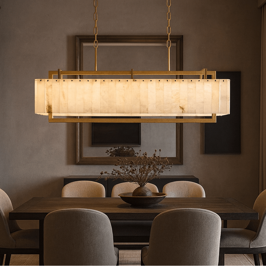
                  
                    A modern dining room with a rectangular table, six upholstered chairs, a decorative bowl with dried branches, a large mirror, and the Morsale Valente Marble & Copper Chandelier hanging above the table.
                  
                