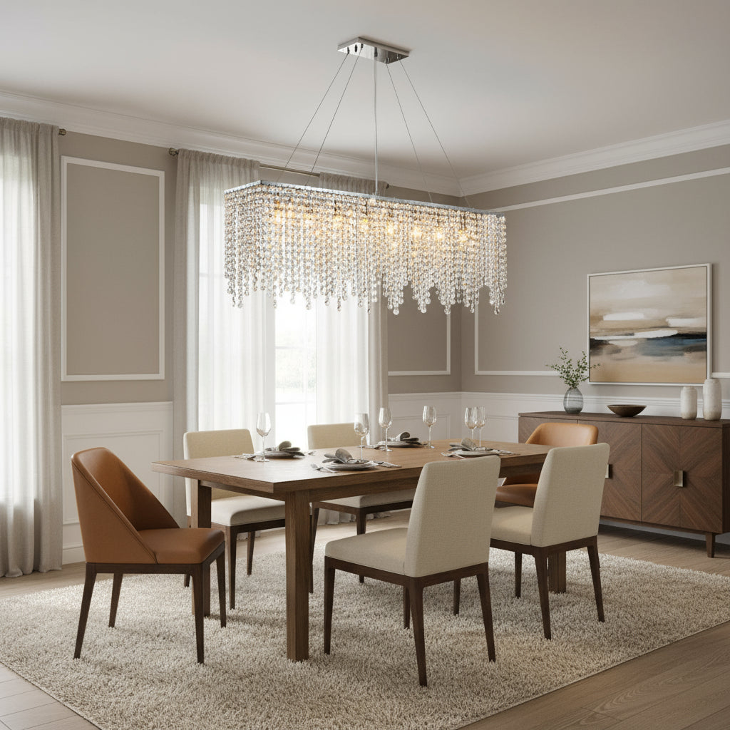 A modern dining room with a wooden table, six upholstered chairs, the Alleri Crystal Dining Chandelier by Morsale.com above, neutral walls, large windows with sheer curtains, a sideboard, and a contemporary landscape painting.