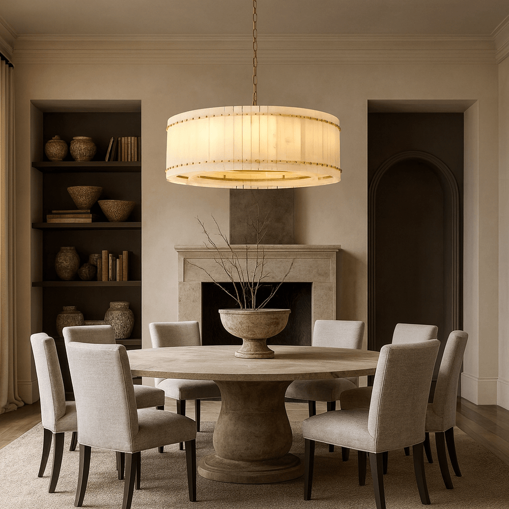 A cozy dining room with a round stone table, eight upholstered chairs, a Morsale Valmont Marble Round Chandelier 31", fireplace, built-in shelves with vases and books, neutral walls, and a tall decorative vase centerpiece.