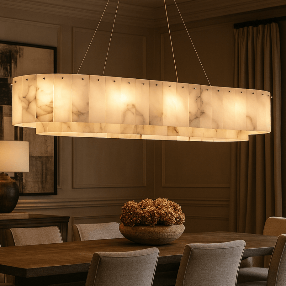 A modern dining room features Morsale's Matwell Marble Chandelier above a wooden table with upholstered chairs; dried flowers and warm lighting enhance the cozy atmosphere.