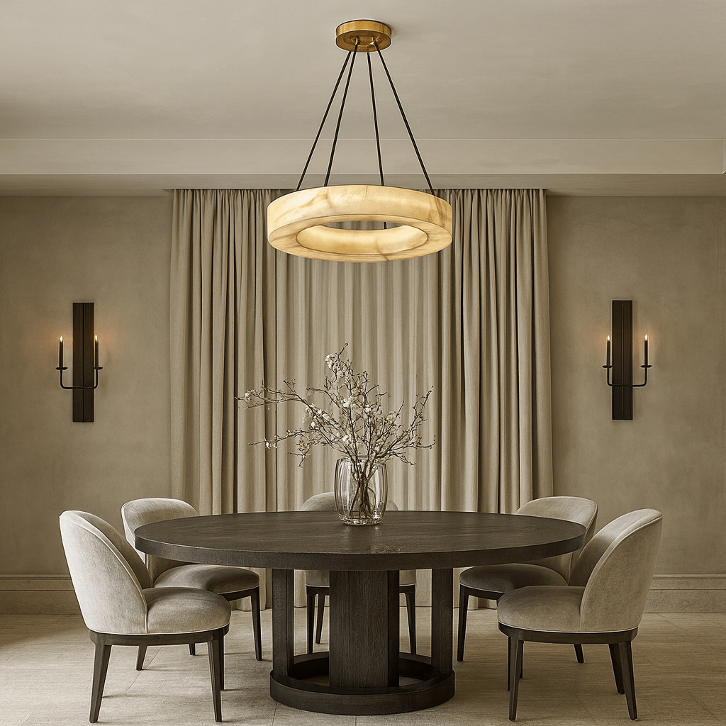 A modern dining room with a round dark wood table, five upholstered chairs, a glass vase with branches, beige curtains, two wall sconces with candles, and the elegant Palmer Marble Chandelier by Morsale overhead.