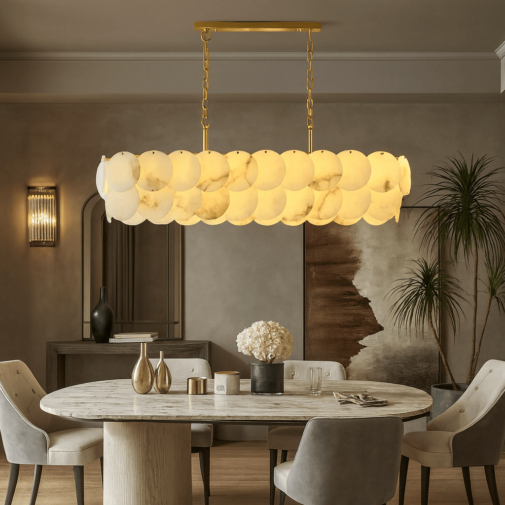 A modern dining room features a marble table, upholstered chairs, abstract wall art, and a tall plant. The Morsale Bordwell Marble Dining Room Chandelier 47" adds elegance with its circular alabaster panels and soft lighting in neutral tones.