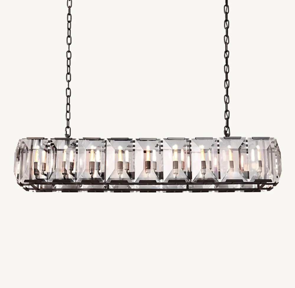 
                  
                    The Brookhill Crystal Rectangular Chandelier from Morsale.com features a black metal frame, chains, and clear faceted crystals with multiple bulbs—an elegant modern centerpiece perfect for elevating any sophisticated dining room.
                  
                