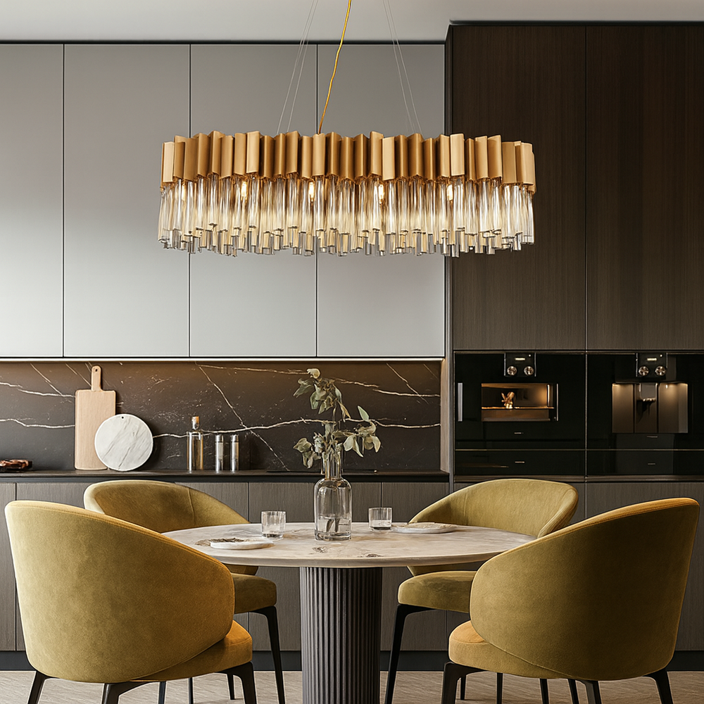 Modern kitchen with a chandelier, dining table, and chairs.