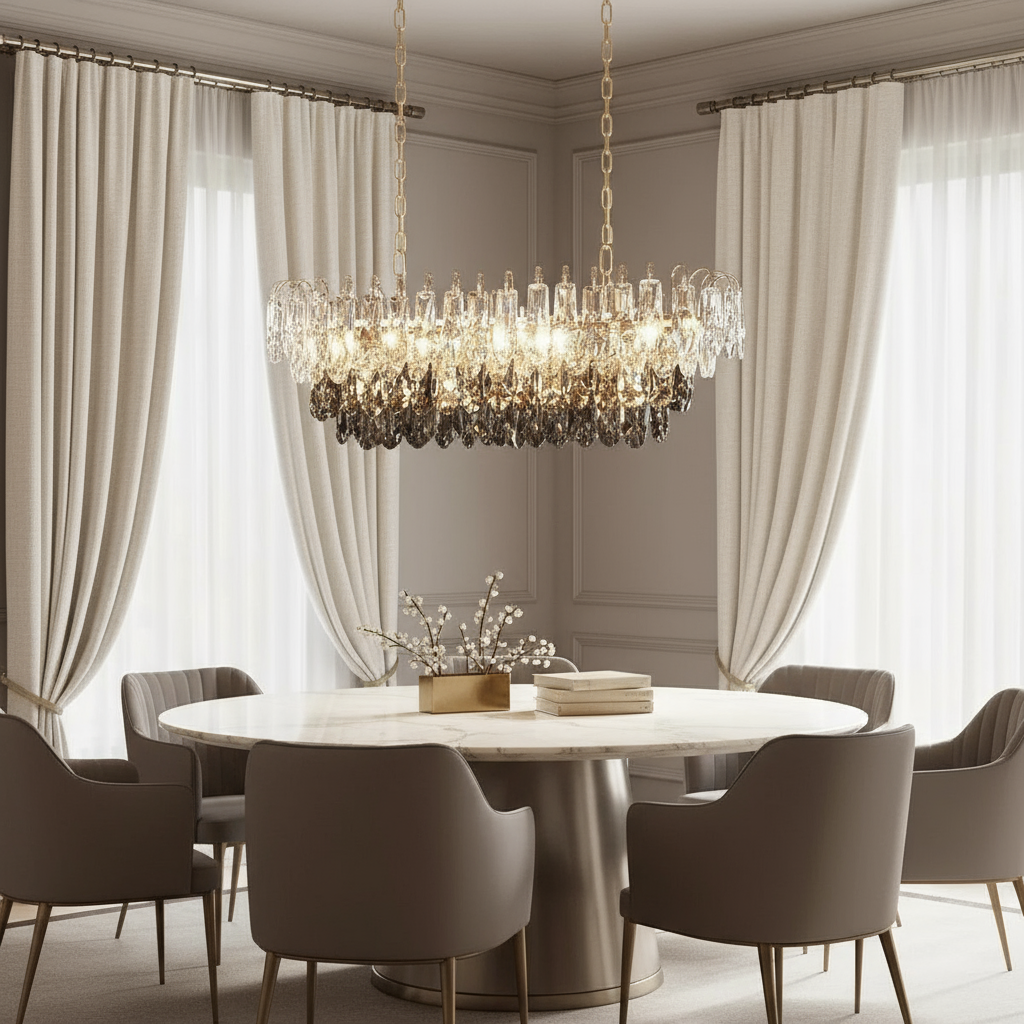 Elegant dining room with a round marble table, six taupe upholstered chairs, cream curtains, and the Langford Crystal Dining Chandelier by Morsale—an exquisite luxury lighting piece. Soft natural light pours through tall windows.