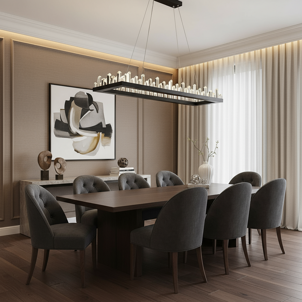 A modern dining room featuring a dark wooden table, eight gray upholstered chairs, an abstract painting, sculptural decor, floor-length curtains, and the Villa Crystal Dining Room Chandelier by Morsale.com adding contemporary flair above the table.