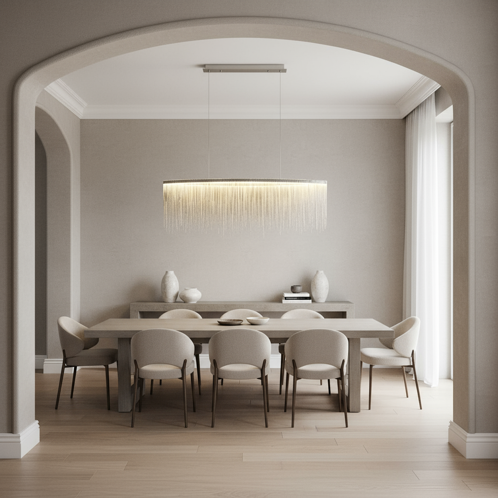 A modern dining room features a long table, eight light chairs, minimalist decor with large vases and books on a sideboard, and is illuminated by the 47" Cadena Metal Tassel Dining Room Light from Morsale.com; light wood floors and beige walls add calm.