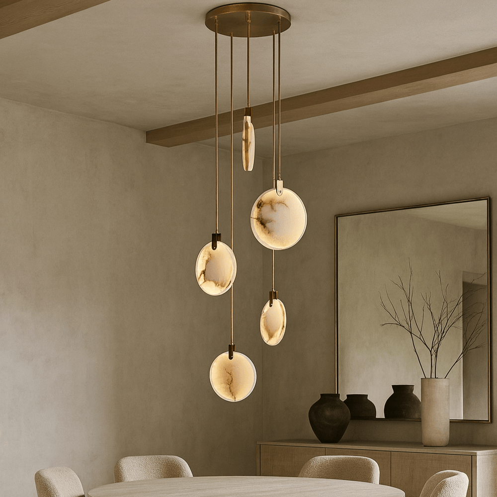 A modern dining room with a round table, upholstered chairs, and the Moonshade 5-Pendant Marble Chandelier by Morsale.com featuring five marble-like lights at varying heights. A sideboard with vases and a large mirror sits against the wall.